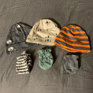 Three beanies three hand mittens